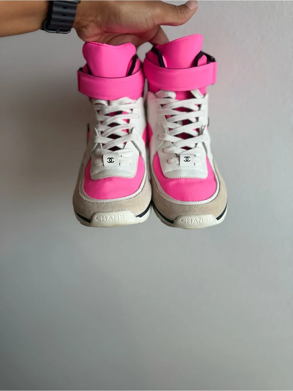 CHANEL Pink, White and Beige High-Top Sneakers